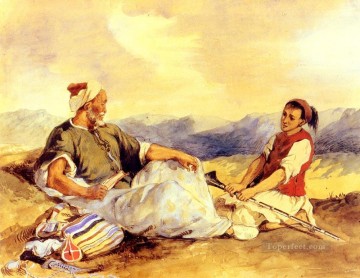 ウジェーヌ・ドラクロワ Painting - 田舎のロマンチックなユージン・ドラクロワに座る 2 人のモロッコ人